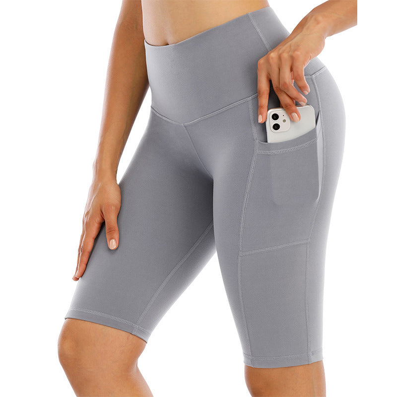 Nude Fabric High Waist Tight-fitting Side Pocket Yoga Pants Sanded Running Fitness Sports Shorts