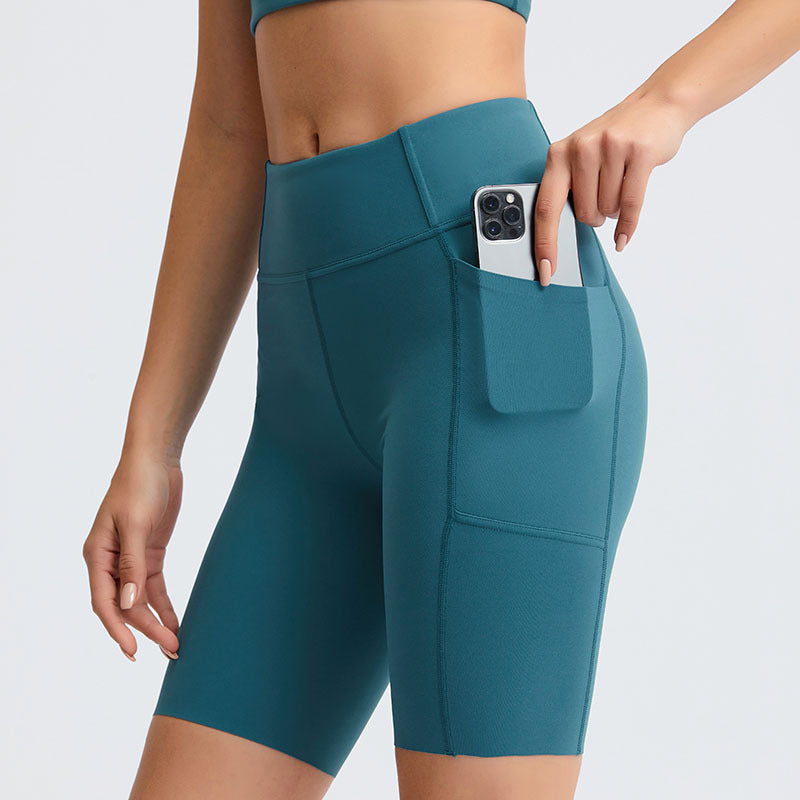 Nude Fabric High Waist Tight-fitting Side Pocket Yoga Pants Sanded Running Fitness Sports Shorts
