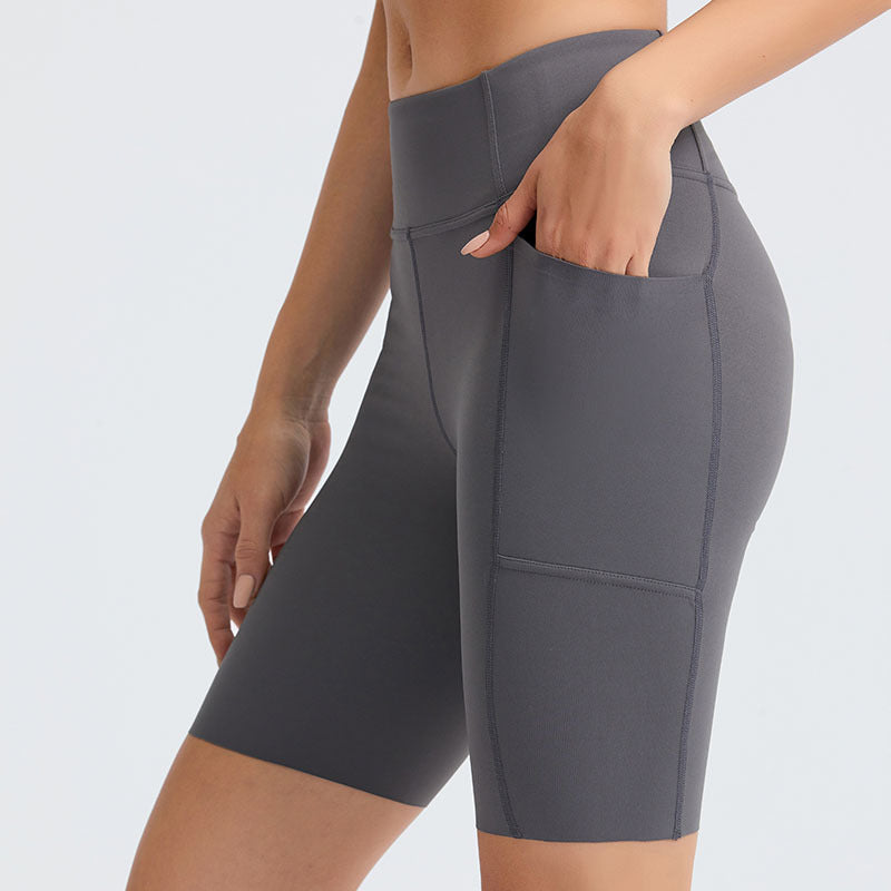 Nude Fabric High Waist Tight-fitting Side Pocket Yoga Pants Sanded Running Fitness Sports Shorts