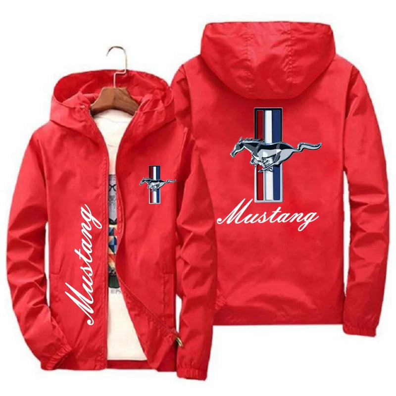 Spring and Autumn Ford Mustang Car Logo Print Hooded Jacket Fashion Charge Jacket Windbreaker Men's Casual Outdoor Clothing