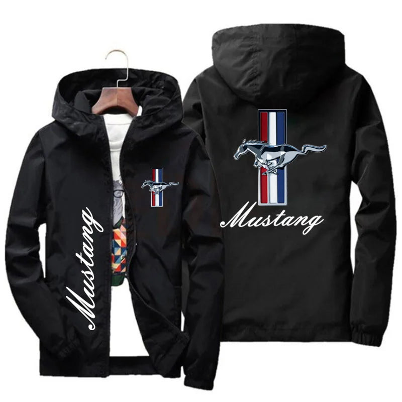Spring and Autumn Ford Mustang Car Logo Print Hooded Jacket Fashion Charge Jacket Windbreaker Men's Casual Outdoor Clothing